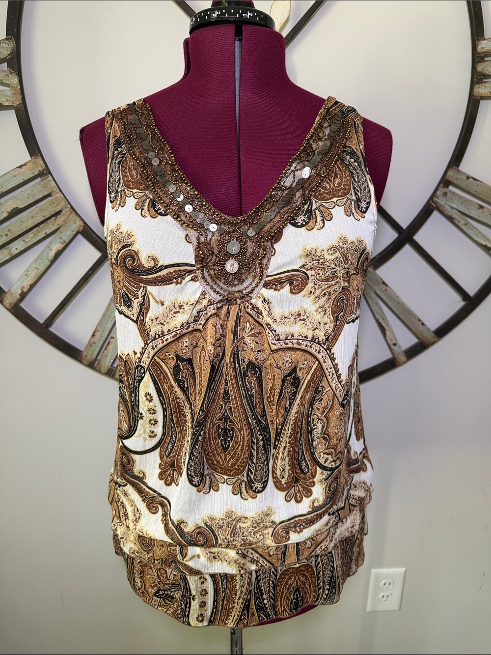 Adiba Beaded Paisley V-Neck Women’s Tank Top in Brown and Cream